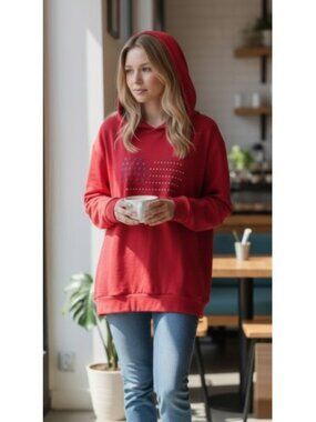 Red Hooded Beaded Heart Flag Pullover Top Ladies XLARGE
